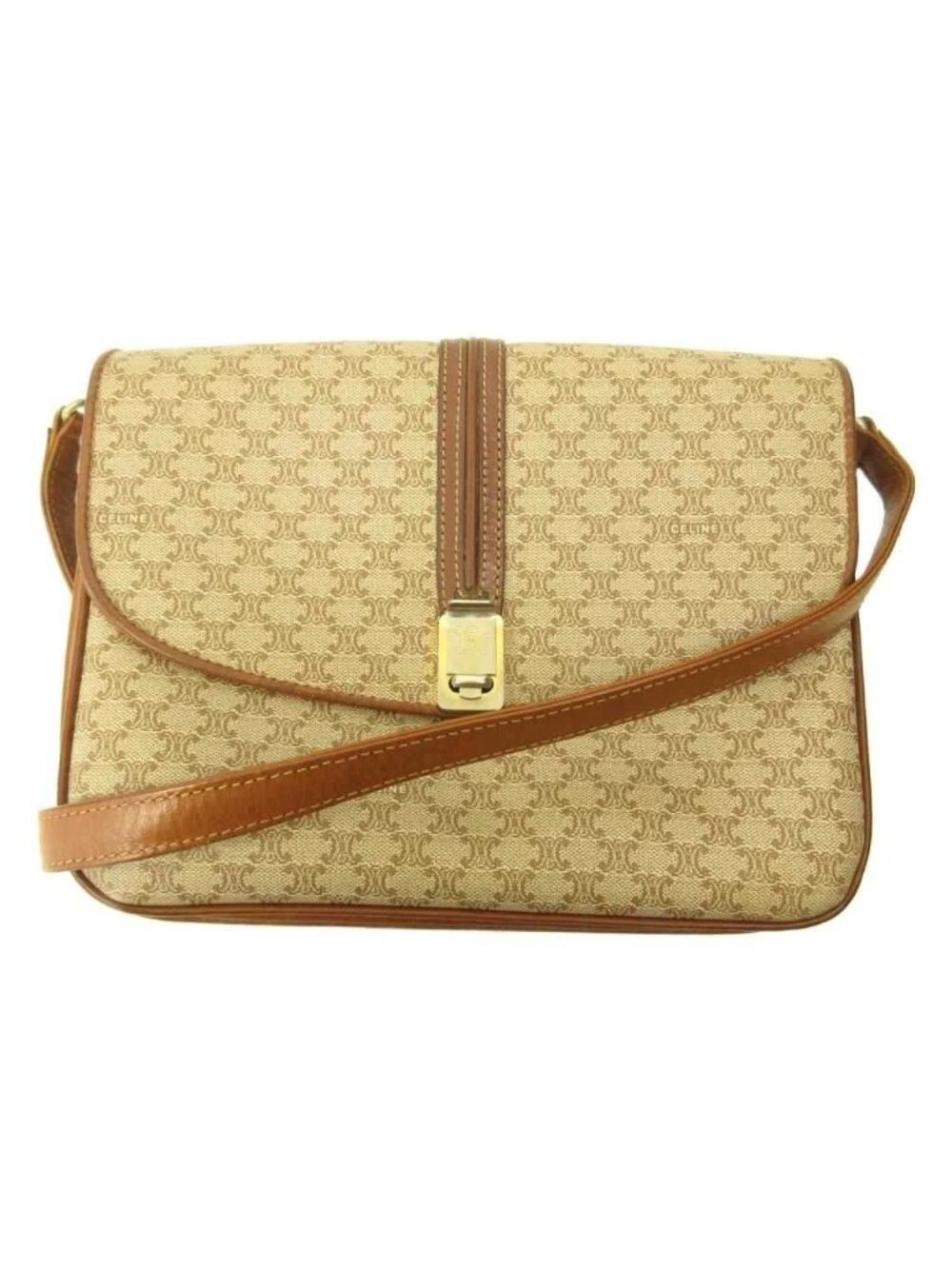 Celine Shoulder Bag Macadam Pattern Leather Brown Beige